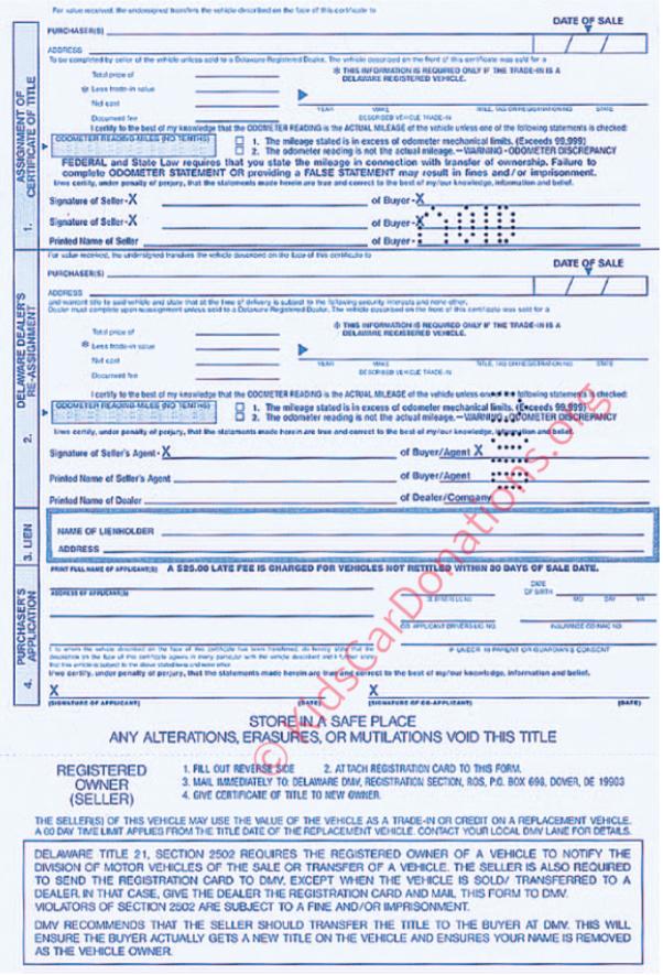 This is an Example of Delaware Certificate of Title To Motor Vehicle (2000) Reverse View | Kids Car Donations